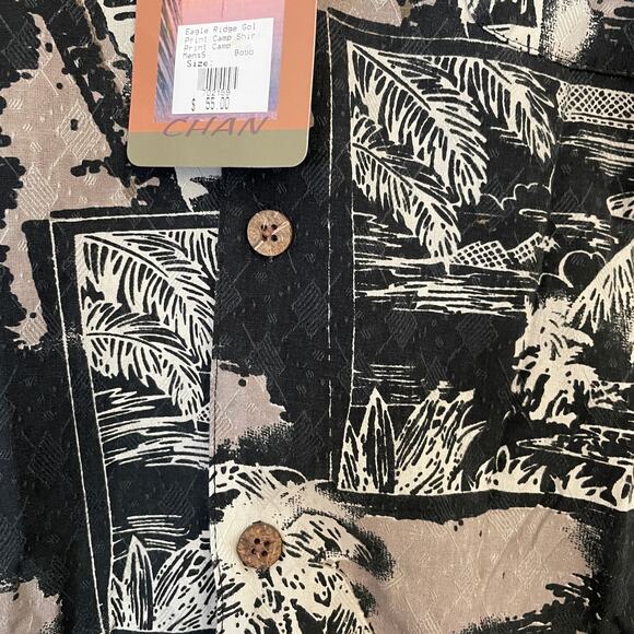 Bobby Chan Silk Hawaiian Shirt Men’s L Black Tan Palm Tree Aloha Friday - Picture 6 of 11